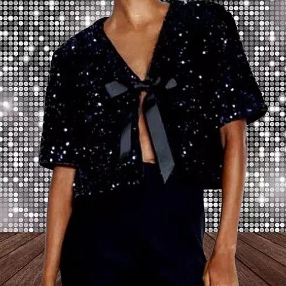 H&M Viral Black Sequin Ribbon Bow Cardigan Blouse Size S M L NWT - Picture 10 of 13
